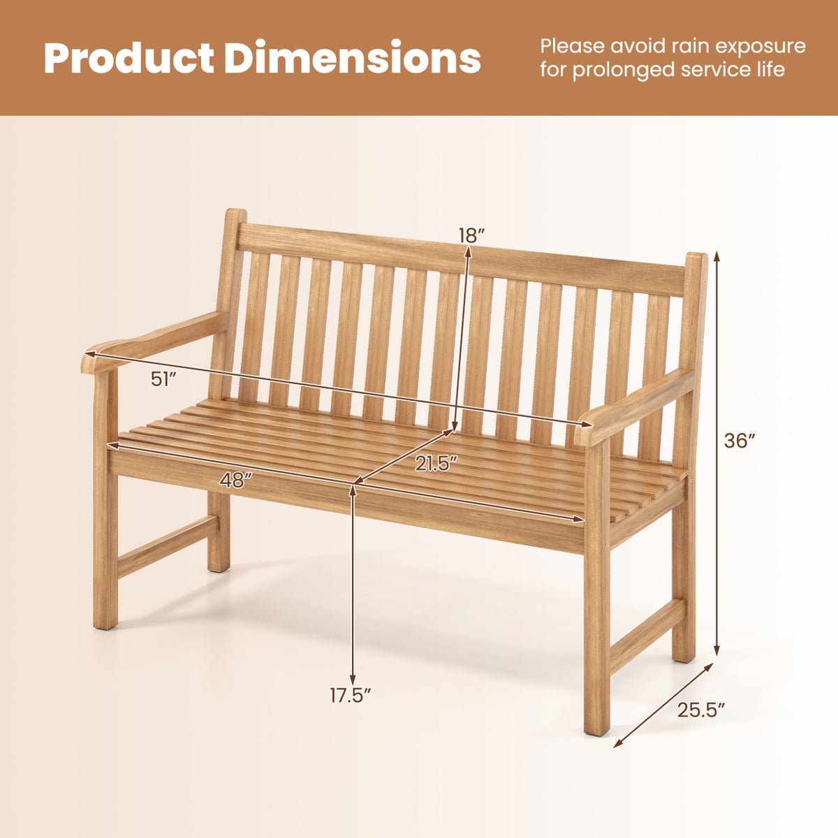 51/62inch Teak Outdoor Porch Bench 3-Seat Solid Wood Garden Patio