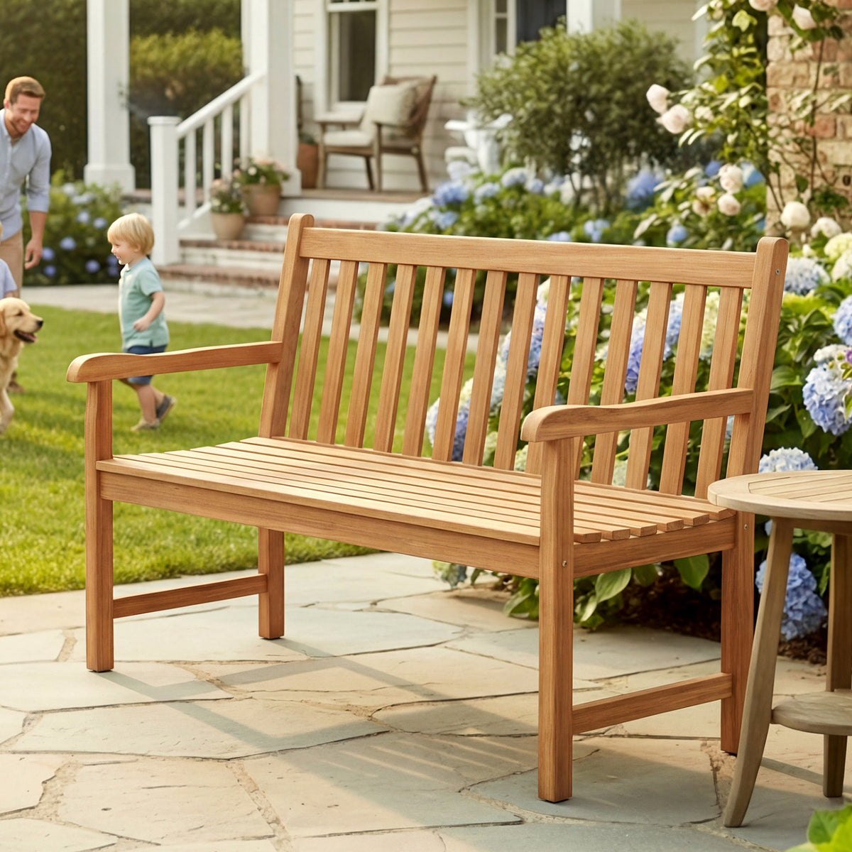 51/62inch Teak Outdoor Porch Bench 3-Seat Solid Wood Garden Patio