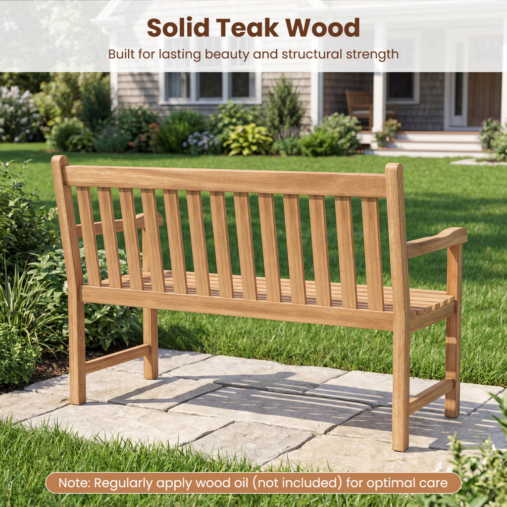 51/62inch Teak Outdoor Porch Bench 3-Seat Solid Wood Garden Patio