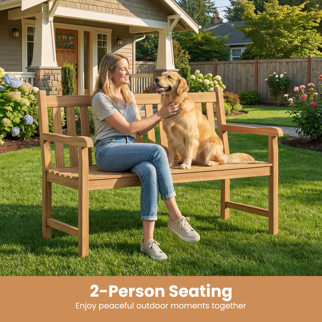51/62inch Teak Outdoor Porch Bench 3-Seat Solid Wood Garden Patio