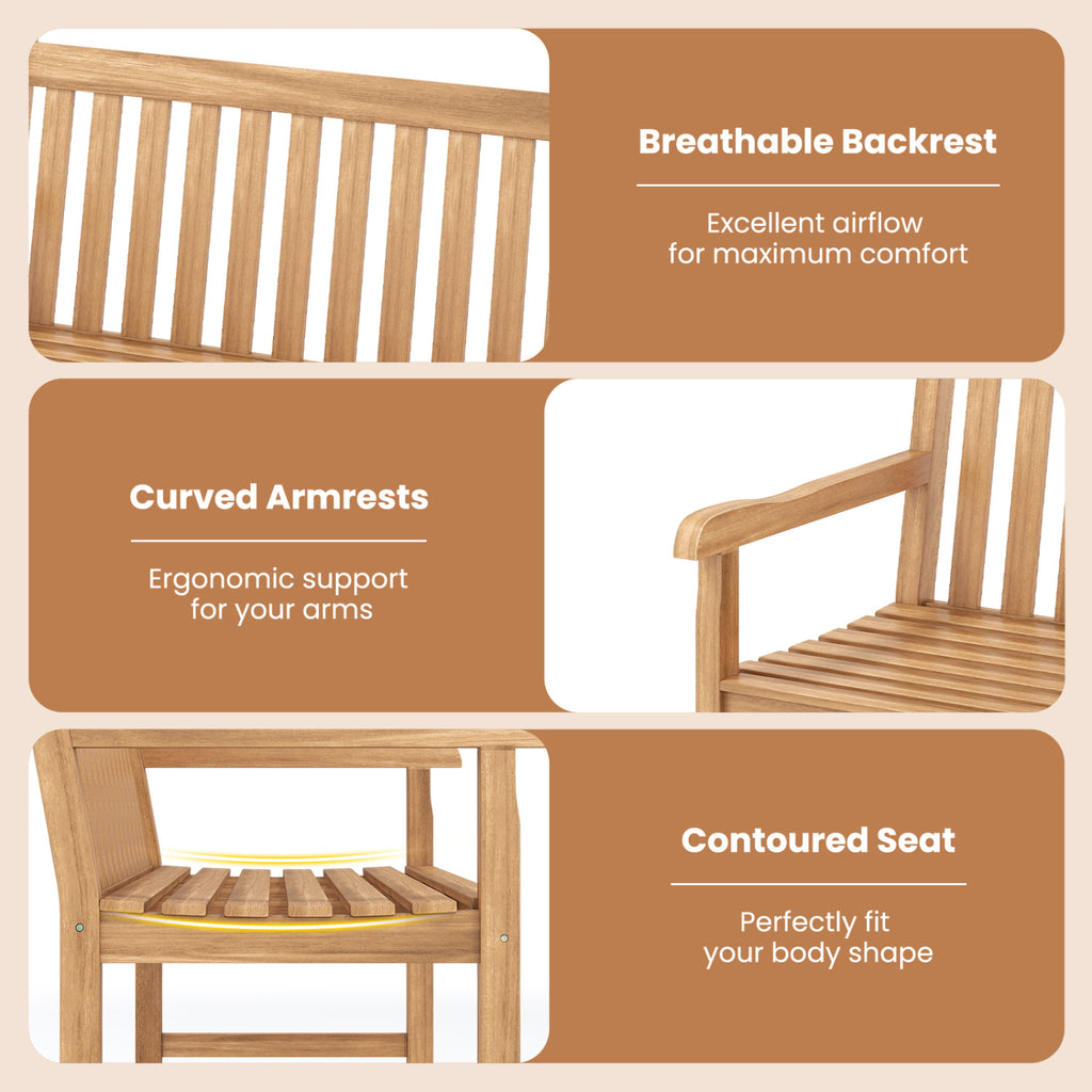 51/62inch Teak Outdoor Porch Bench 3-Seat Solid Wood Garden Patio