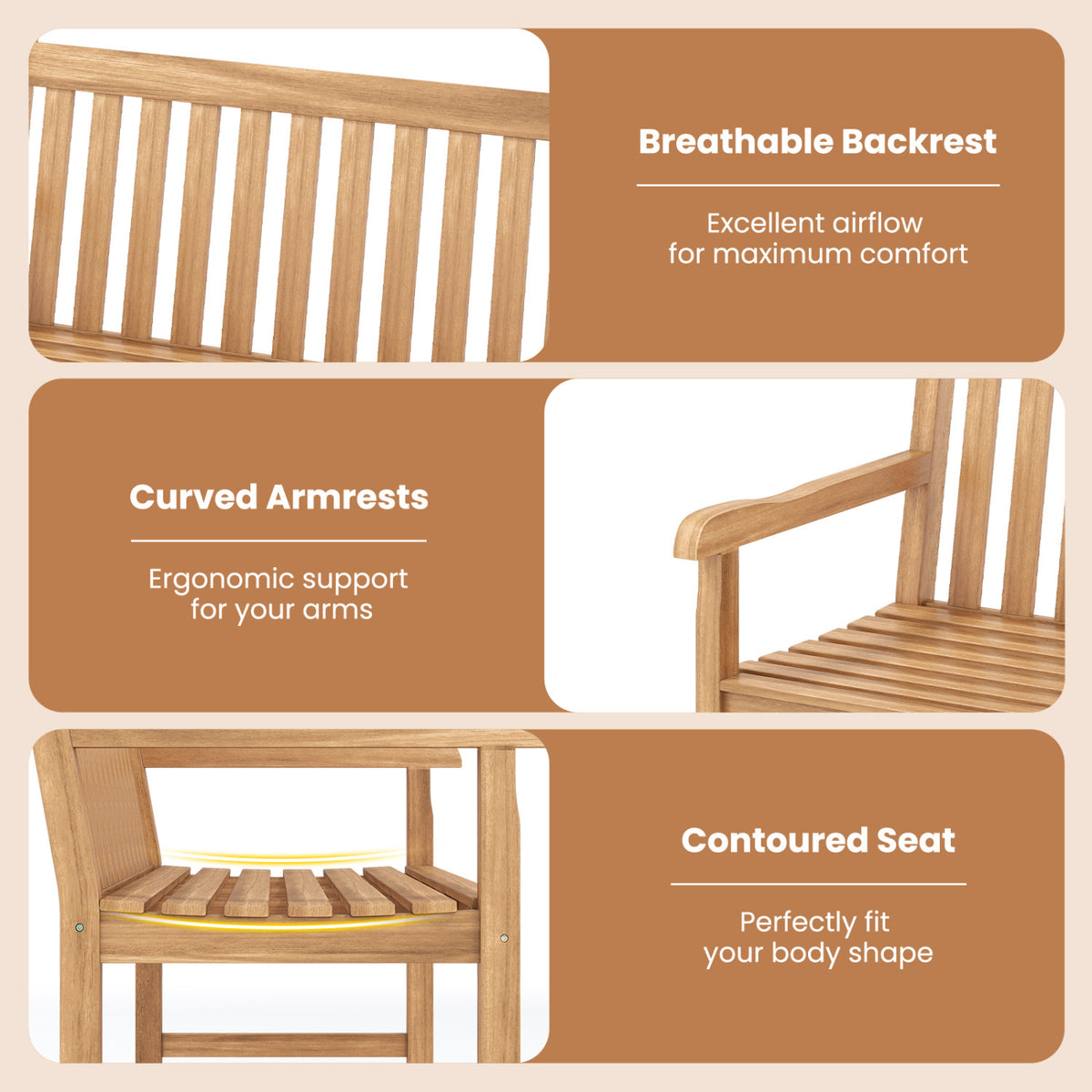 51/62inch Teak Outdoor Porch Bench 3-Seat Solid Wood Garden Patio