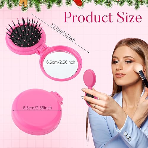 Barydat 50 Pcs Travel Folding Hair Brush with Mirror Bulk Portable Small Hair Brush Mini Compact Colorful Pocket Hair Combs for Friends and Family Mother's Day Gift