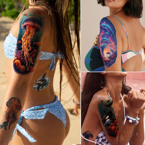 Tazimi Temporary Tattoo for Women Men 12 Sheets Realistic Half Arm Fake Tattoos 8 Sheets Tiny Waterproof Ocean Sea Animal Tattoos Stickers for Adults Kids