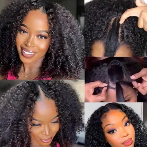 ISEE V Part Human Hair Afro Curly Minimal/No Leave Out Upgrade U Part for Black Women V Shape Kinky Curly Thin Part Glueless Clip In Half Wig 180% Density Natural Color 20 Inch