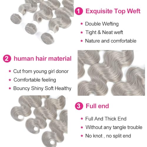 26 28 30 Inch Human Hair Bundles Sliver Grey Body Wave Bundles Human Hair 100% Unprocessed Soft Sewn In Hair for Black Women with Double Weft