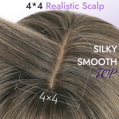 Wig with Bangs for Women Ash Blonde with Silver Highlights-Dark Roots Straight Face-Framing Layers Hairstyle 4x4 Realistic Scalp Glueless Synthetic Wigs Medium Length for Everyday Use