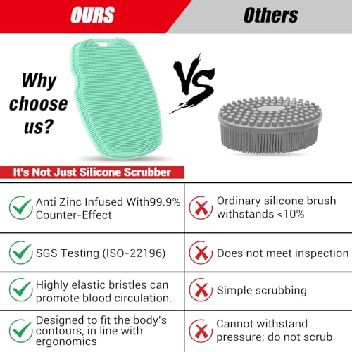 Silicone Body Scrubber - Anti Zinc Infused-Highly Elastic Bristles Exfoliating Body Scrubber for Shower Body,Cellulite Reduction,Blood Circulation - Green