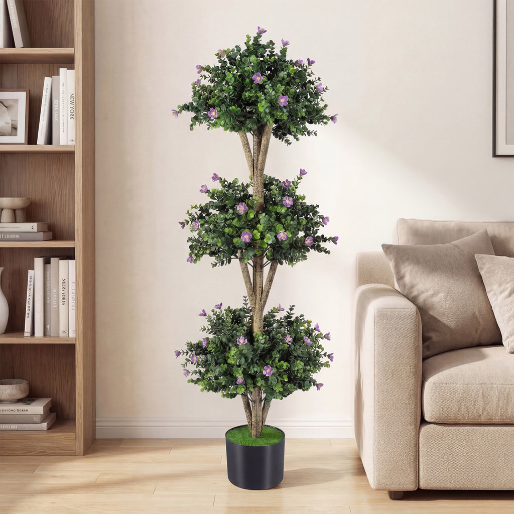 Artificial Triple Ball Boxwood Topiary Tree - Purple with 59 Blossoms, 51 Inch