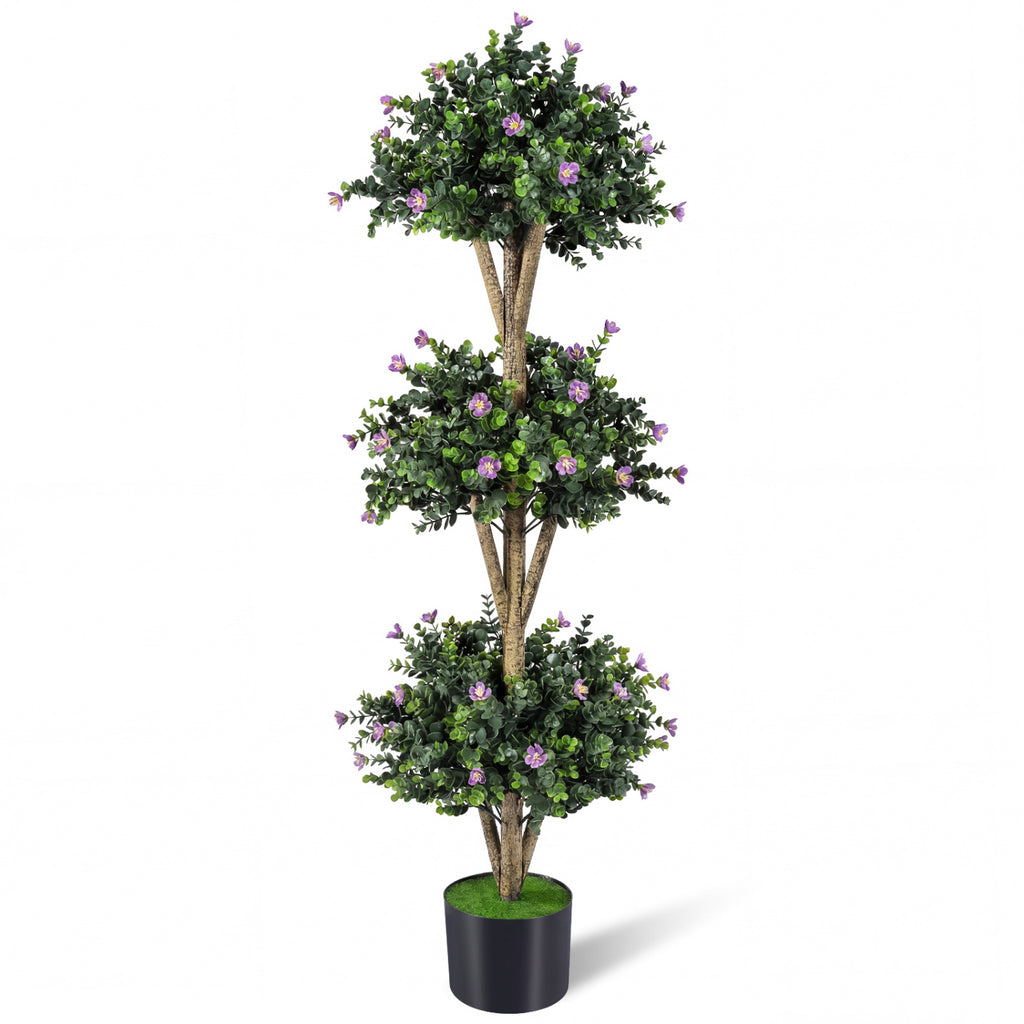 Artificial Triple Ball Boxwood Topiary Tree - Purple with 59 Blossoms, 51 Inch