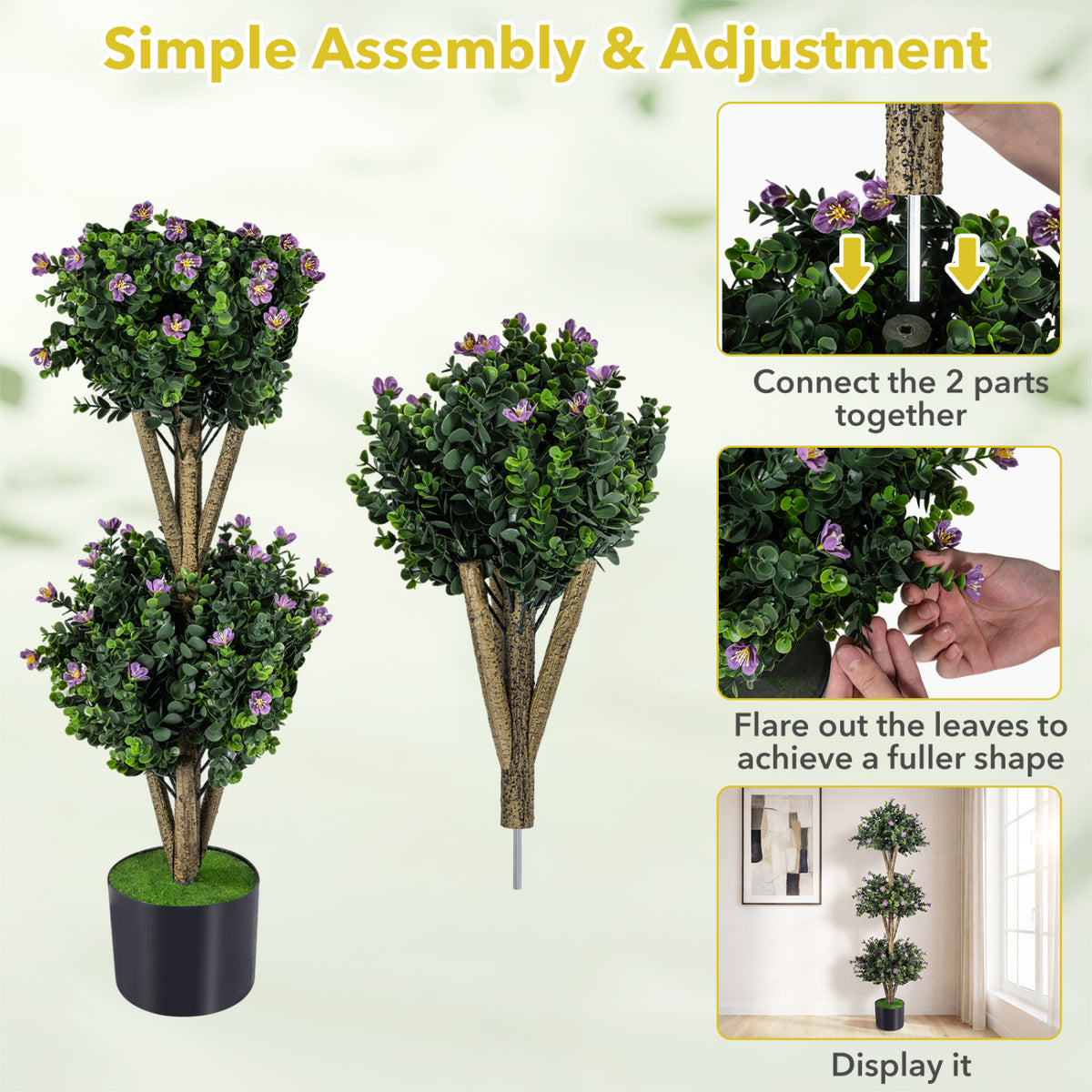 Artificial Triple Ball Boxwood Topiary Tree - Purple with 59 Blossoms, 51 Inch