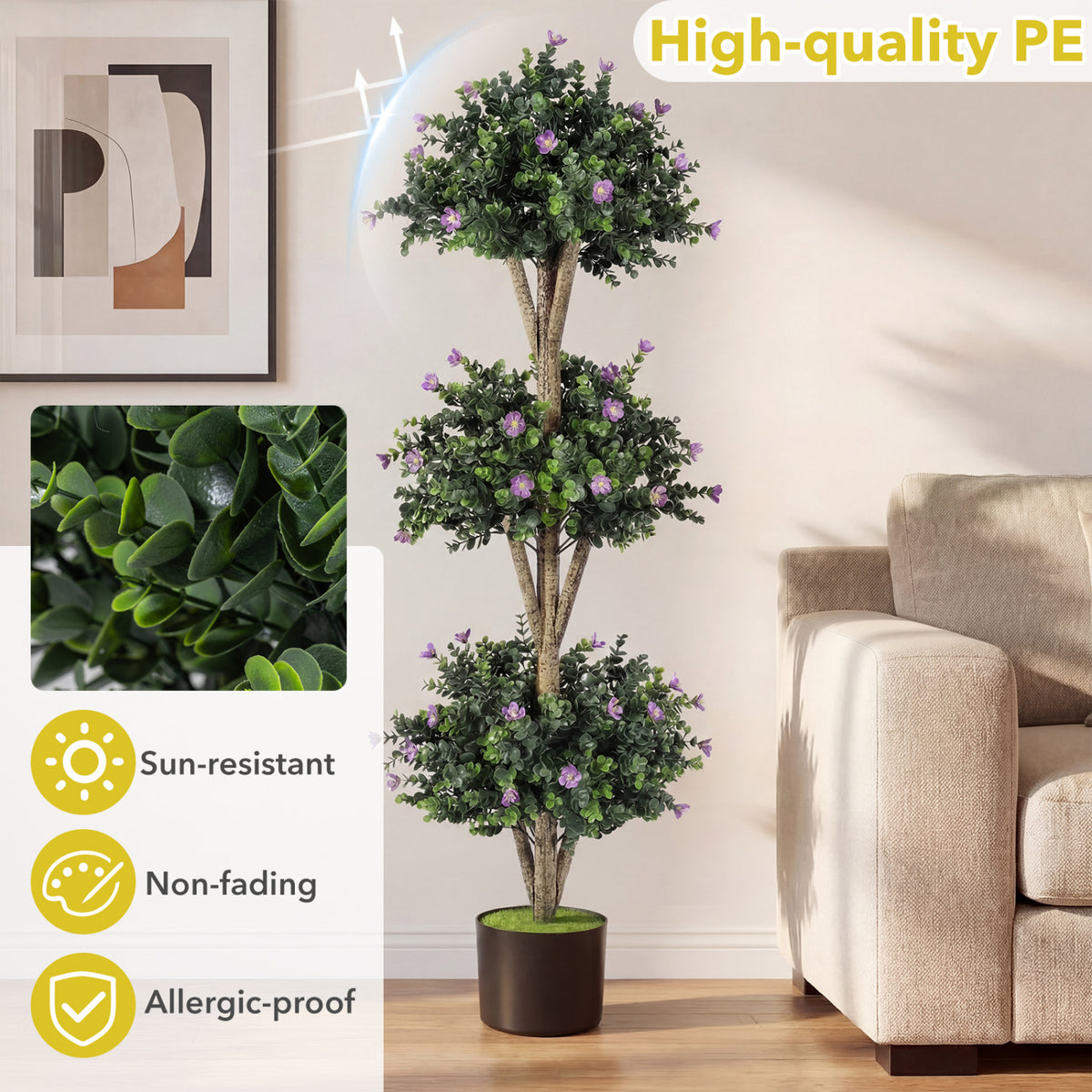 Artificial Triple Ball Boxwood Topiary Tree - Purple with 59 Blossoms, 51 Inch