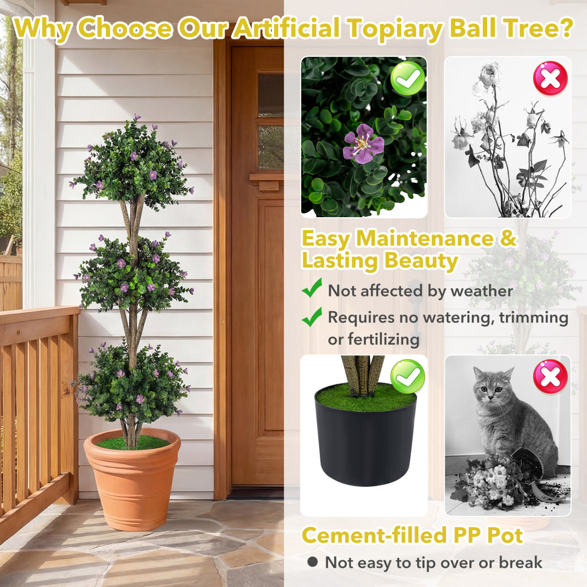Artificial Triple Ball Boxwood Topiary Tree - Purple with 59 Blossoms, 51 Inch