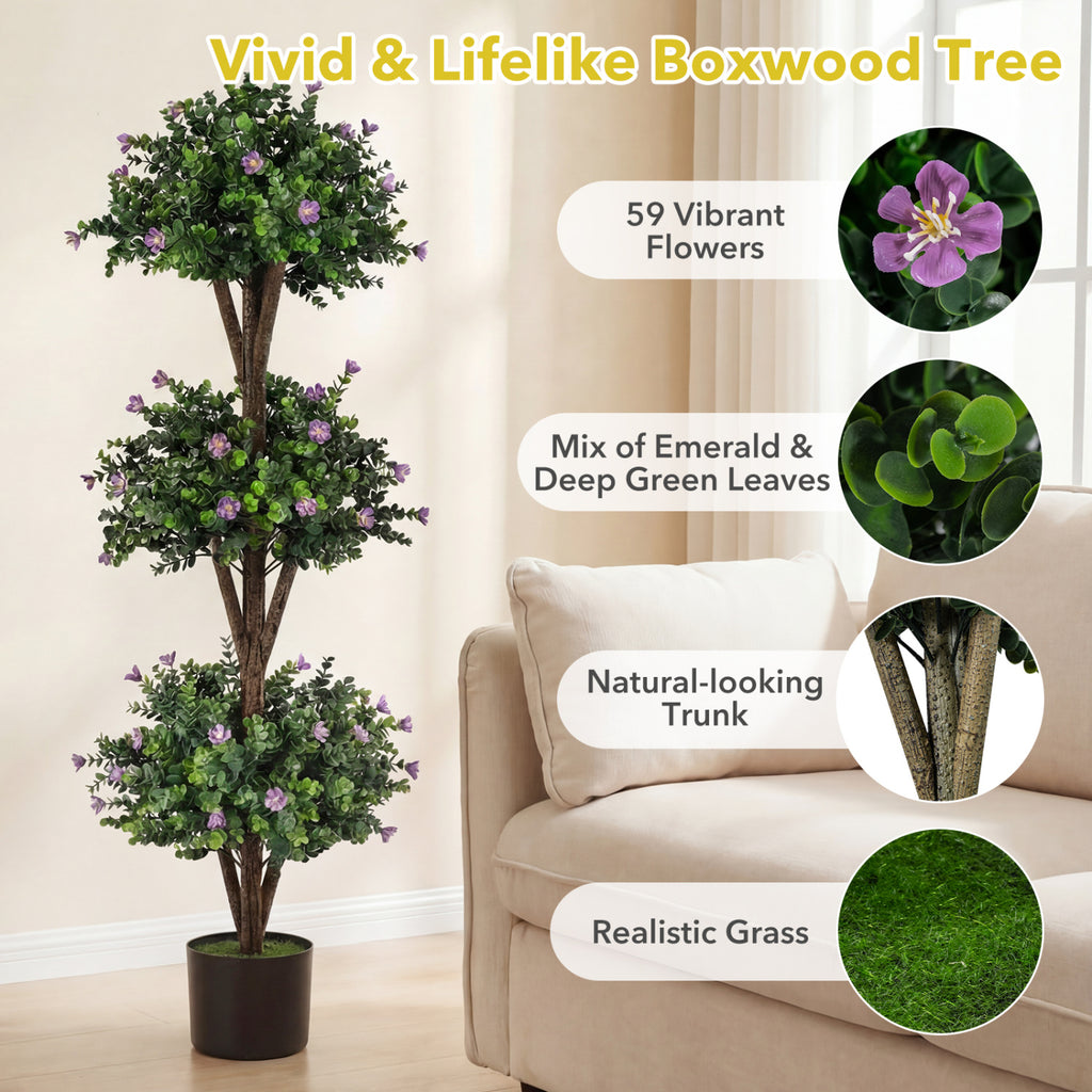 Artificial Triple Ball Boxwood Topiary Tree - Purple with 59 Blossoms, 51 Inch
