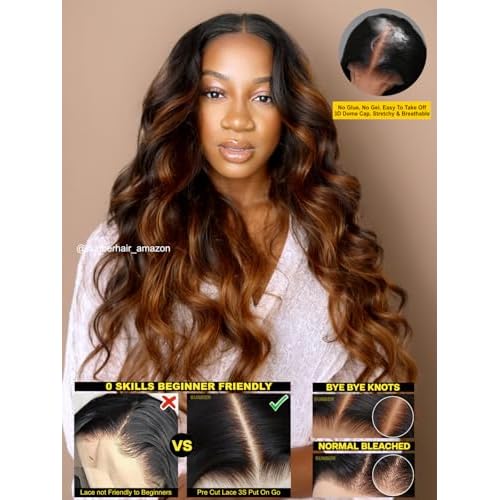 Sunber Ombre Highlight Brown Body Wave Human Hair Glueless Balayage Wigs Pre Cut 7x5 HD Lace Front with Elastic Drawstring 150% Density Put On and Go Pre Plucked Pre Bleached Invisible Knots 18Inch