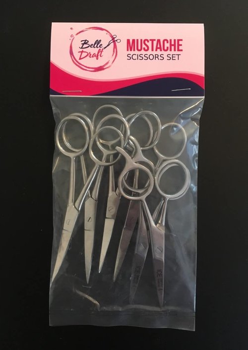 Mustache Scissors 6 Piece Set - 2 Straight (4.7 inches each), 2 Curved (4.5 inches each) and 2 Straight with Finger Rest (4.2 inches each)