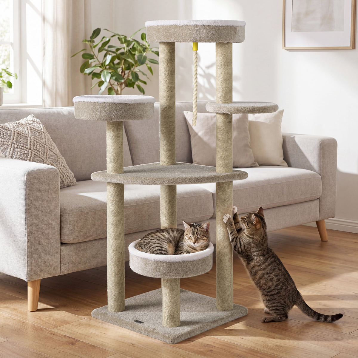 51-Inch Carpeted Cat Tree with Plush Perches & Scratching Posts - Beige
