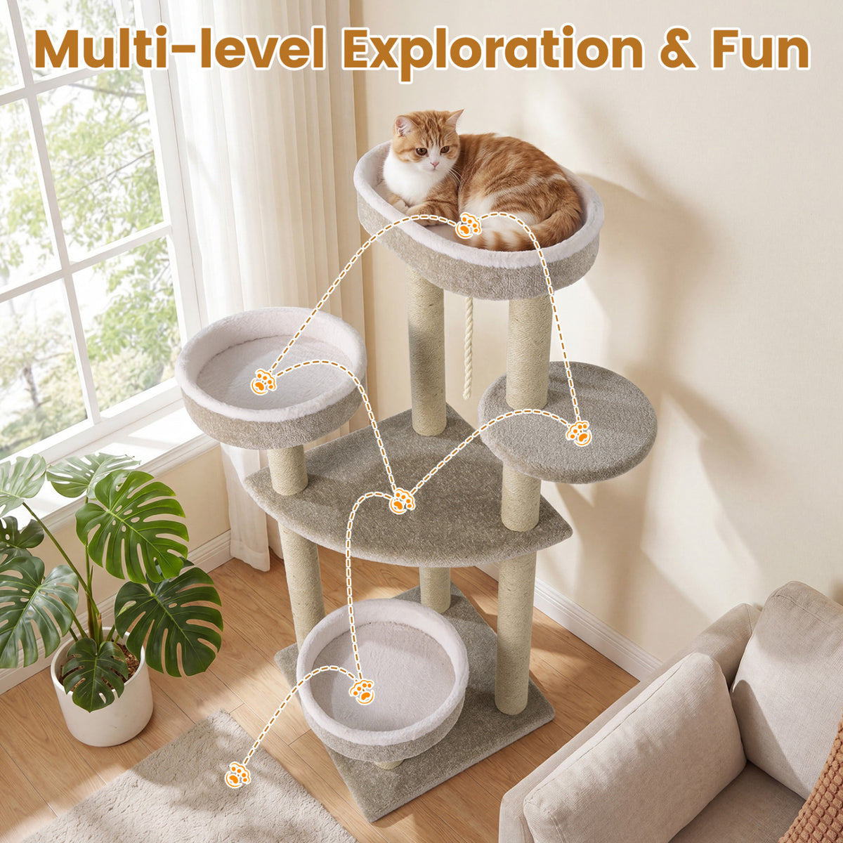 51-Inch Carpeted Cat Tree with Plush Perches & Scratching Posts - Beige