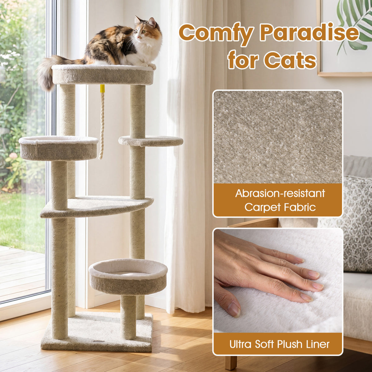 51-Inch Carpeted Cat Tree with Plush Perches & Scratching Posts - Beige