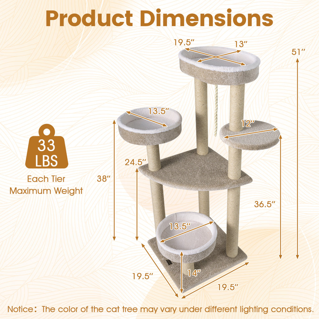 51-Inch Carpeted Cat Tree with Plush Perches & Scratching Posts - Beige
