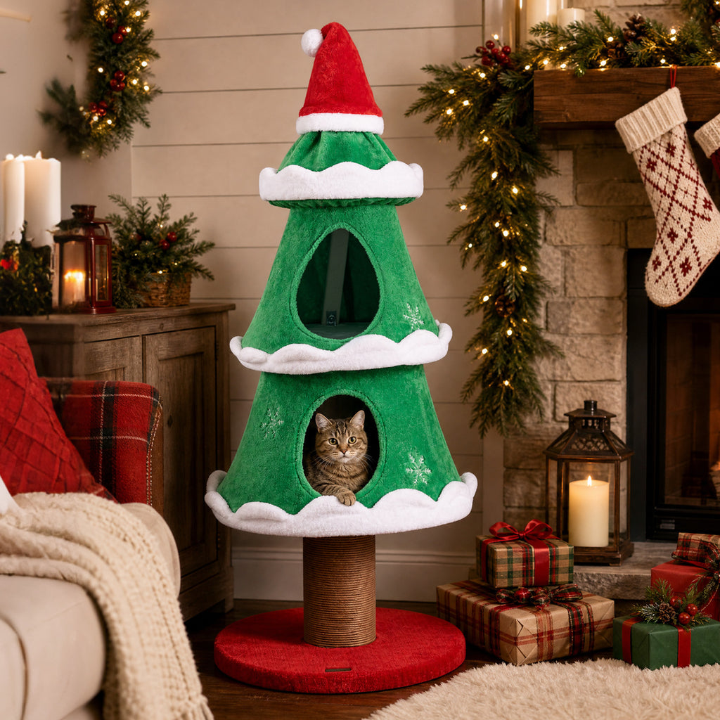 Christmas Cat Tree with 2 Condos & Scratching Post - Green, 51 Inch