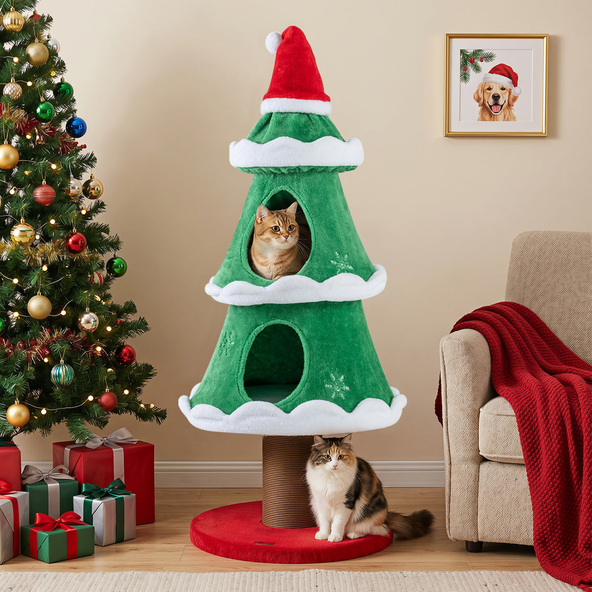 Christmas Cat Tree with 2 Condos & Scratching Post - Green, 51 Inch