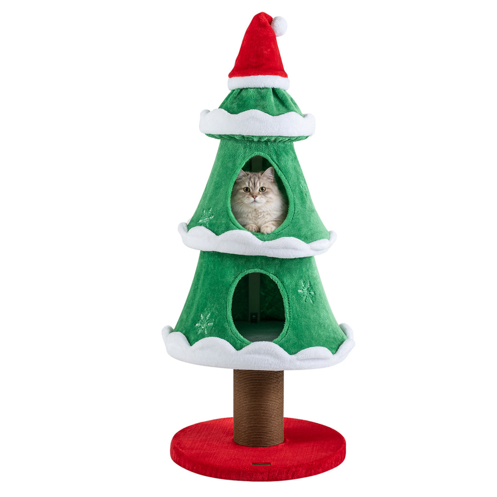 Christmas Cat Tree with 2 Condos & Scratching Post - Green, 51 Inch