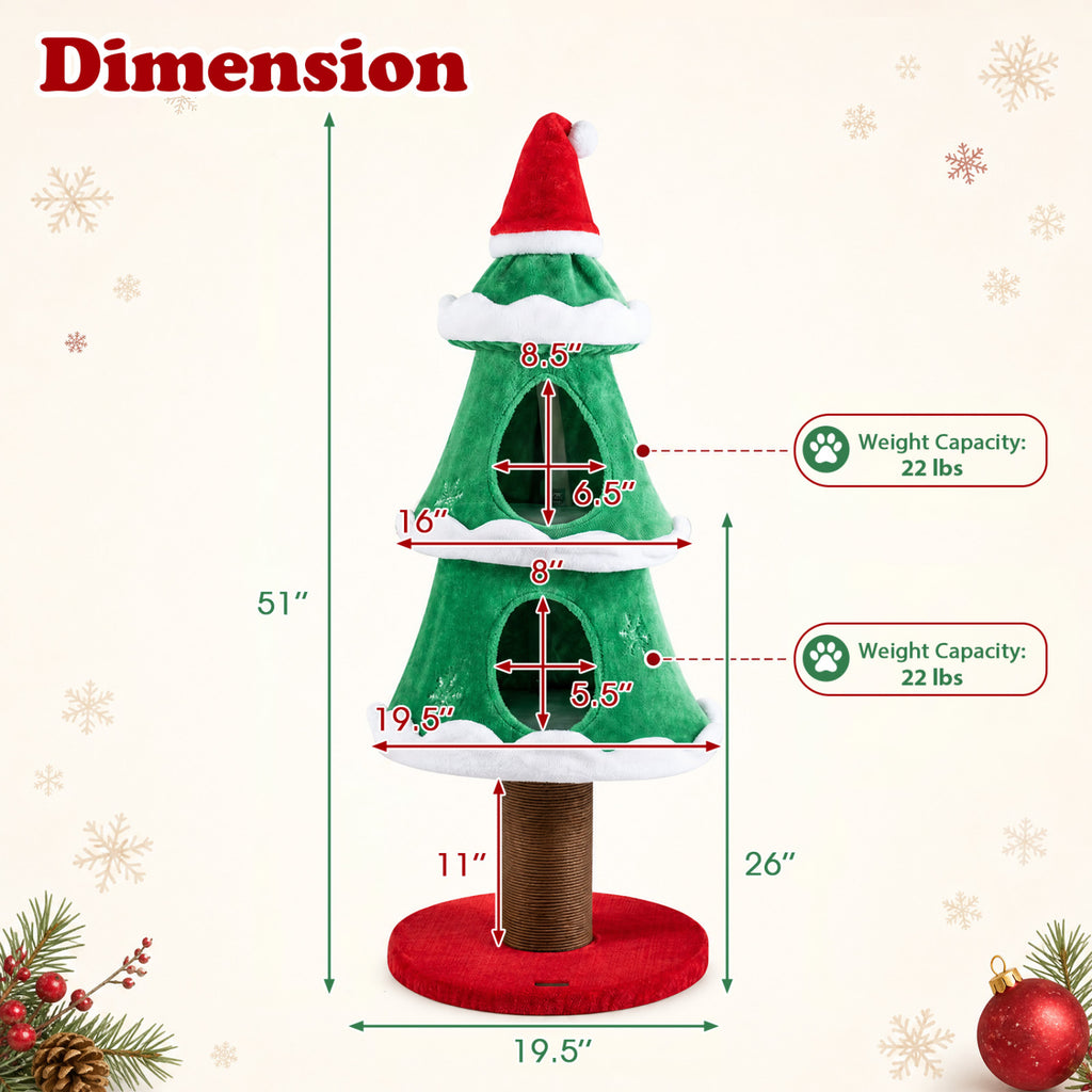 Christmas Cat Tree with 2 Condos & Scratching Post - Green, 51 Inch