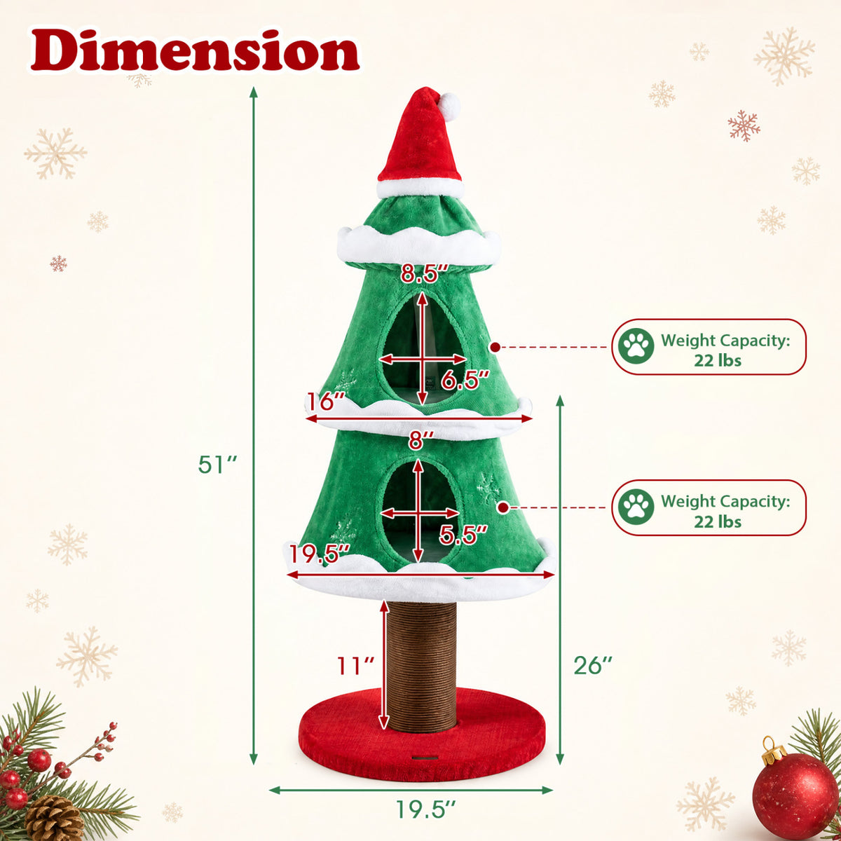 Christmas Cat Tree with 2 Condos & Scratching Post - Green, 51 Inch