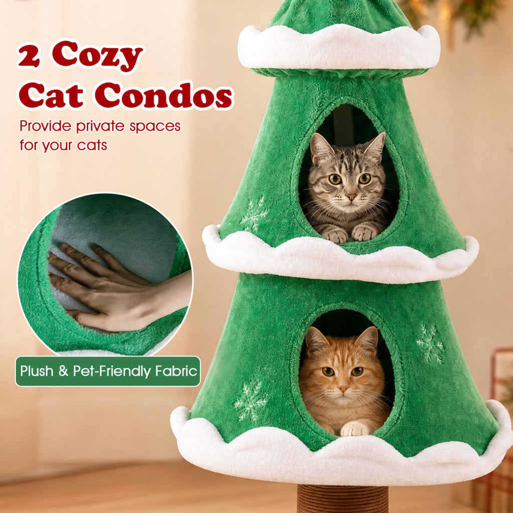 Christmas Cat Tree with 2 Condos & Scratching Post - Green, 51 Inch