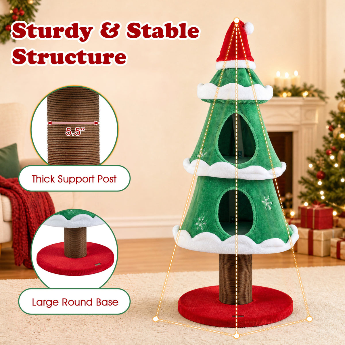 Christmas Cat Tree with 2 Condos & Scratching Post - Green, 51 Inch