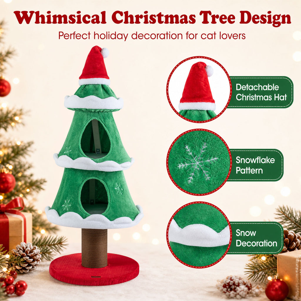 Christmas Cat Tree with 2 Condos & Scratching Post - Green, 51 Inch