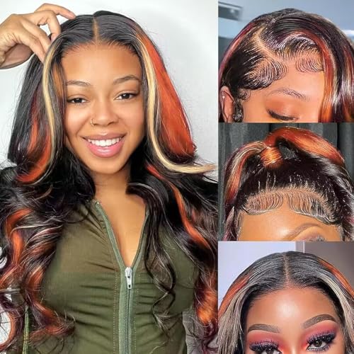 Ginger Blonde Highlight Wig Human Hair Multi Colored Ombre Lace Front Wigs Orange and Honey Blonde Skunk Stripe Human Hair Wig Body Wave Hd Lace Frontal Wig 13x4 Pre Plucked 180% Density 24 In