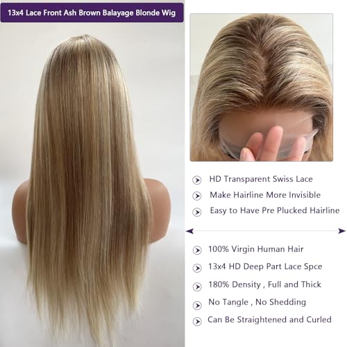 Balayage Ash Blonde Wig Human Hair Lace Front Wigs 28 Inch Ash Brown Balayage Ash Blonde Highlights Human Hair Glueless Wigs Pre Plucked HD 13x4 Lace Frontal Human Hair Wigs for Women 180% Density