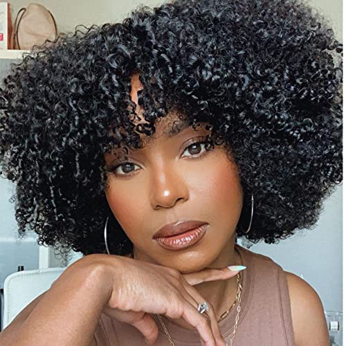 Afro Kinky Curly Wig with bangs Glueless Scalp Top Full Machine Made Human Hair Wigs for Black Women 200Density Kinky Curly Brazilian Human Hair Wig 16inch Natural Color