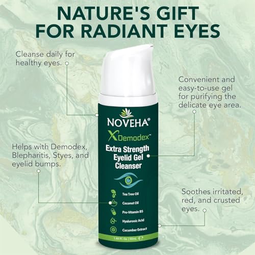 NOVEHA Demodex Extra Strength Eyelid Gel Cleanser - for Demodex, MGD and Dry Eye with Pro-Vitamin B5, Tea Tree Oil, and Hyaluronic Acid - Gentle Cleansing, Soothes Itchy Eyelid - 50mL (3 Pack)