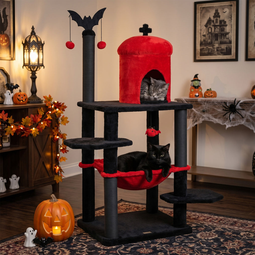 Red 51-Inch Gothic Multi-Level Cat Tree with Spider Toy & Hammock