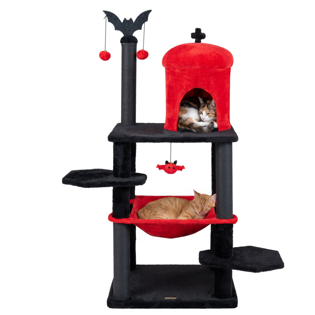 Red 51-Inch Gothic Multi-Level Cat Tree with Spider Toy & Hammock