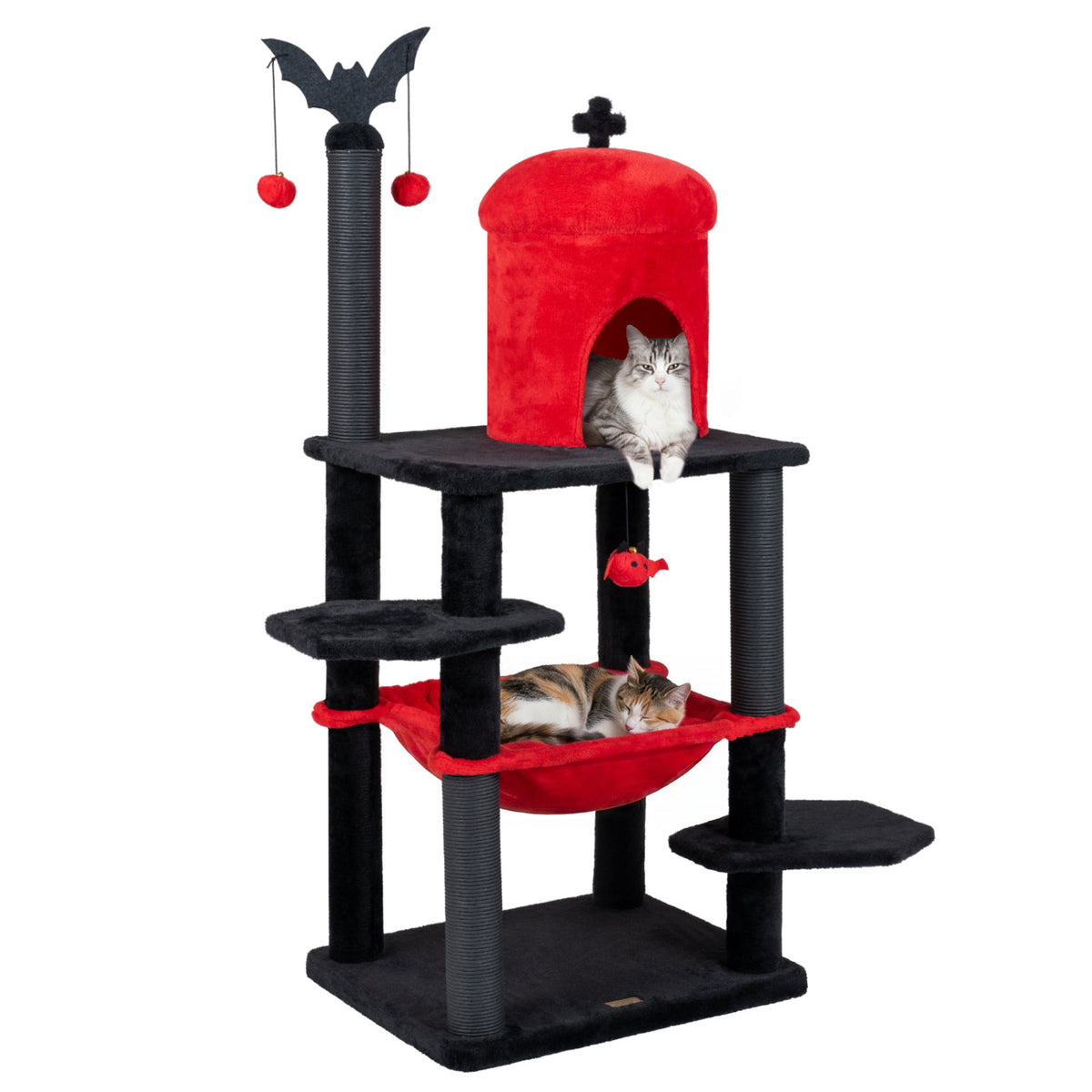 Red 51-Inch Gothic Multi-Level Cat Tree with Spider Toy & Hammock