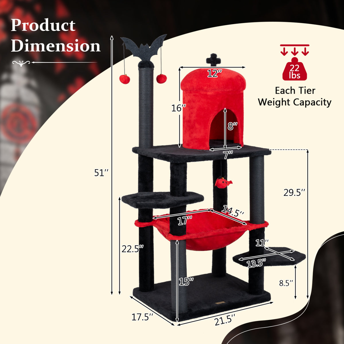 Red 51-Inch Gothic Multi-Level Cat Tree with Spider Toy & Hammock