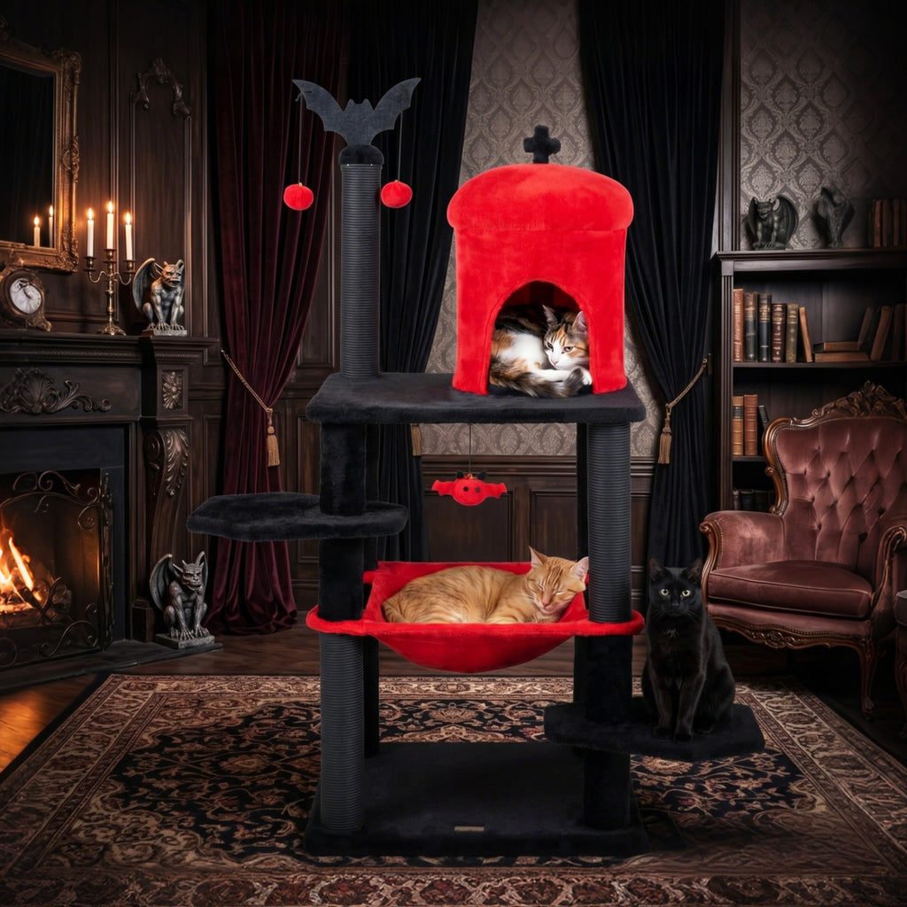 Red 51-Inch Gothic Multi-Level Cat Tree with Spider Toy & Hammock