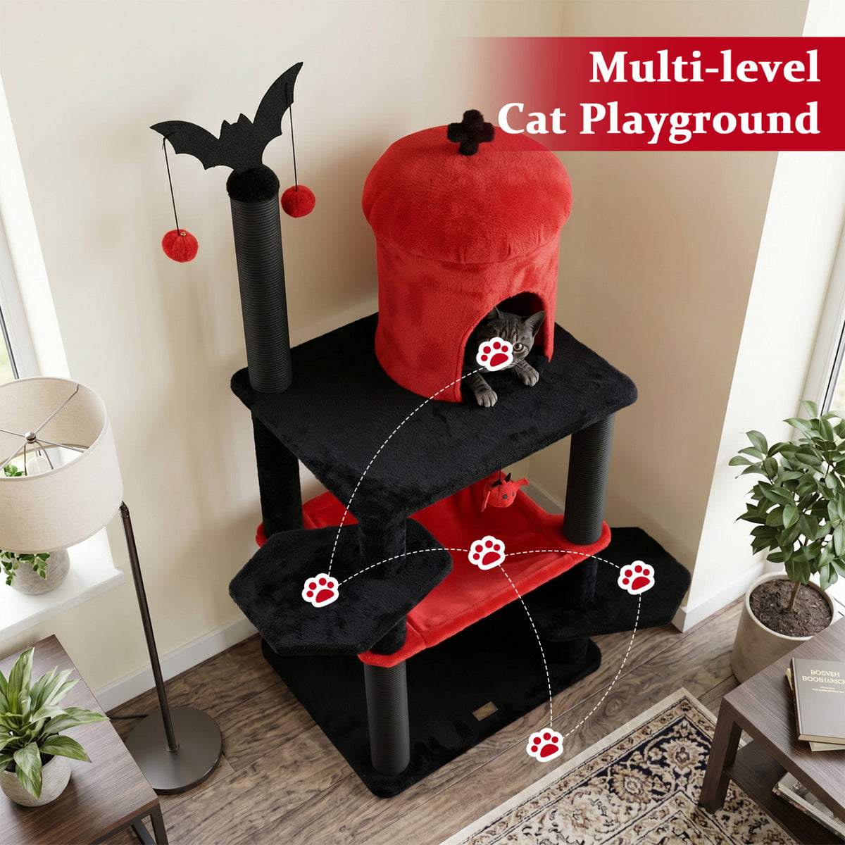 Red 51-Inch Gothic Multi-Level Cat Tree with Spider Toy & Hammock
