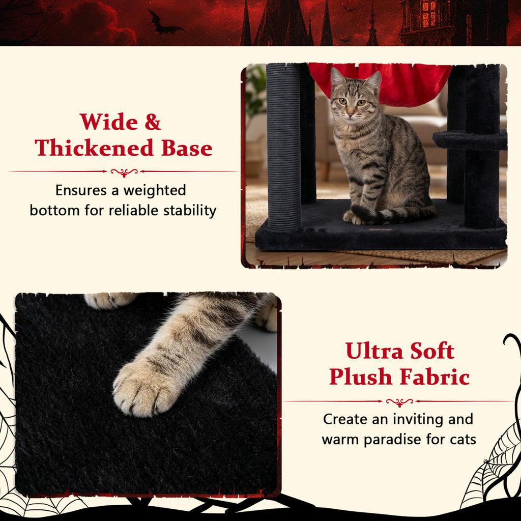 Red 51-Inch Gothic Multi-Level Cat Tree with Spider Toy & Hammock