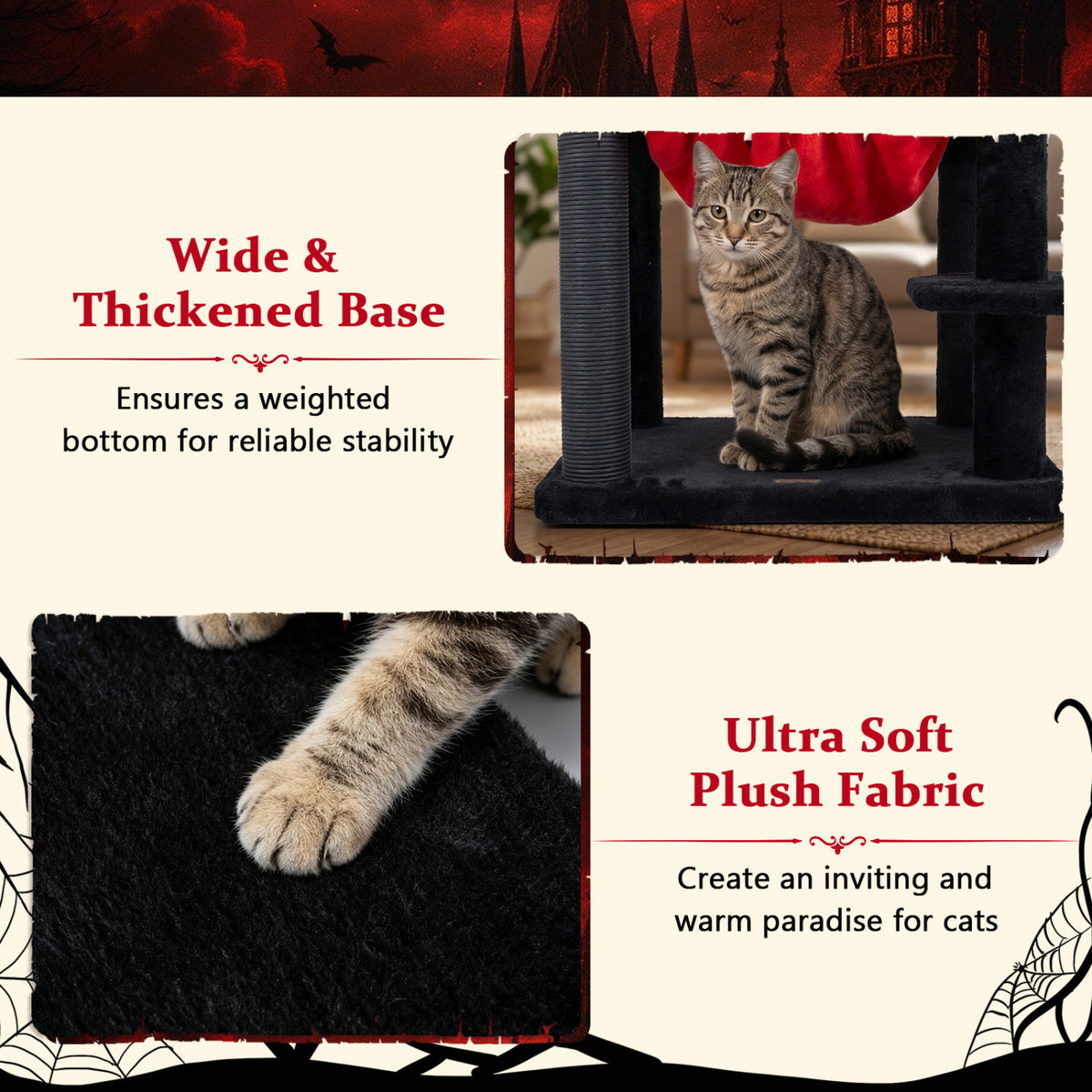 Red 51-Inch Gothic Multi-Level Cat Tree with Spider Toy & Hammock