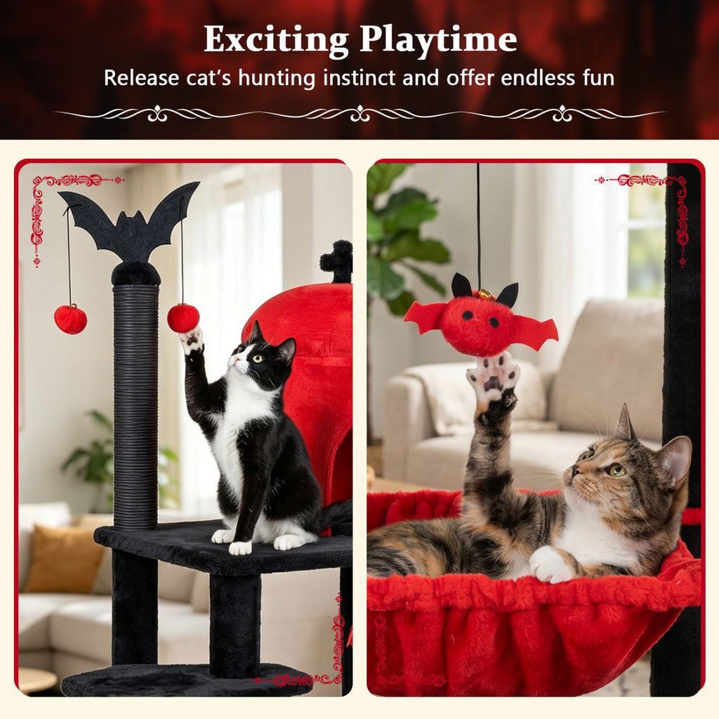 Red 51-Inch Gothic Multi-Level Cat Tree with Spider Toy & Hammock