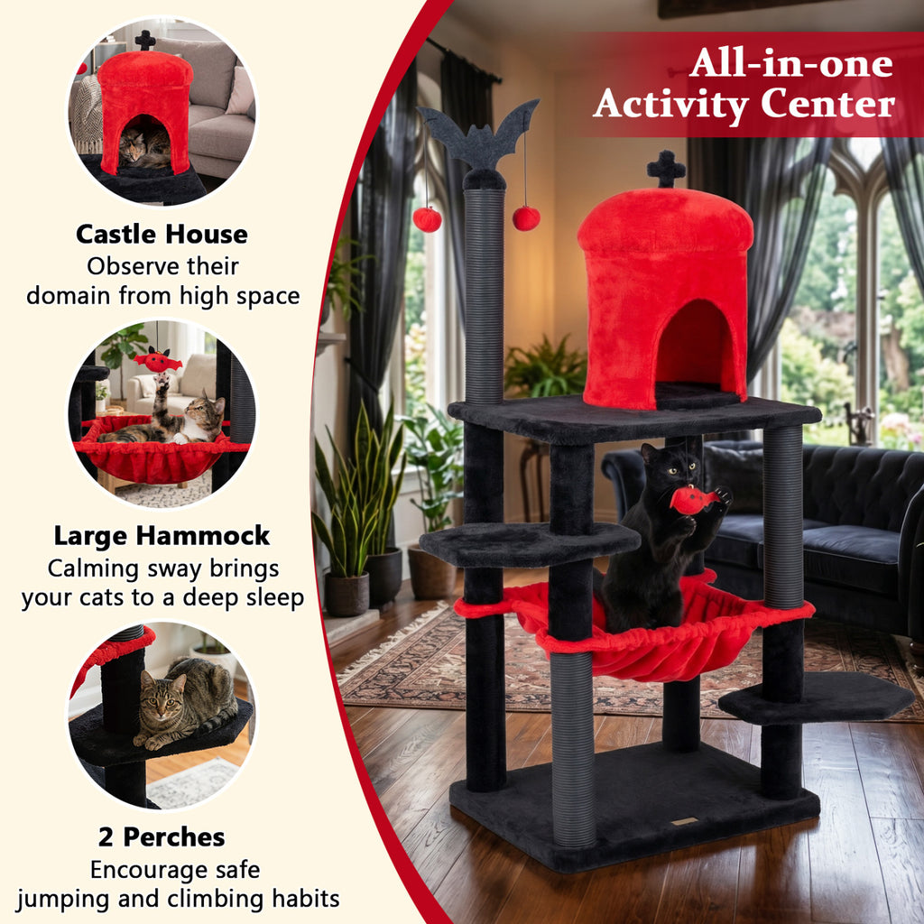 Red 51-Inch Gothic Multi-Level Cat Tree with Spider Toy & Hammock