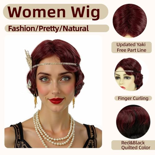STfantasy 20S Finger Wave Wig Flapper Curly Synthetic Hair for Women 1920s Cosplay Costume Halloween Party Daily Everyday Wear (Black+Red)