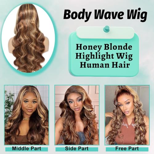 Highlight Ombre 13x6 Lace Front Wig Human Hair 220% Density Honey Blonde Ombre Highlight Body Wave Human Hair Wig Pre Plucked with Baby Hair 4/27 Highlight Wigs for Women 22 Inch