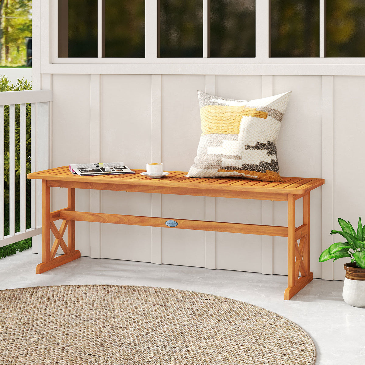 51 Inch Outdoor Acacia Wood Bench - Slatted Seat, 800 lbs Capacity