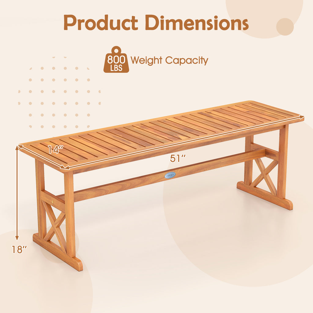 51 Inch Outdoor Acacia Wood Bench - Slatted Seat, 800 lbs Capacity